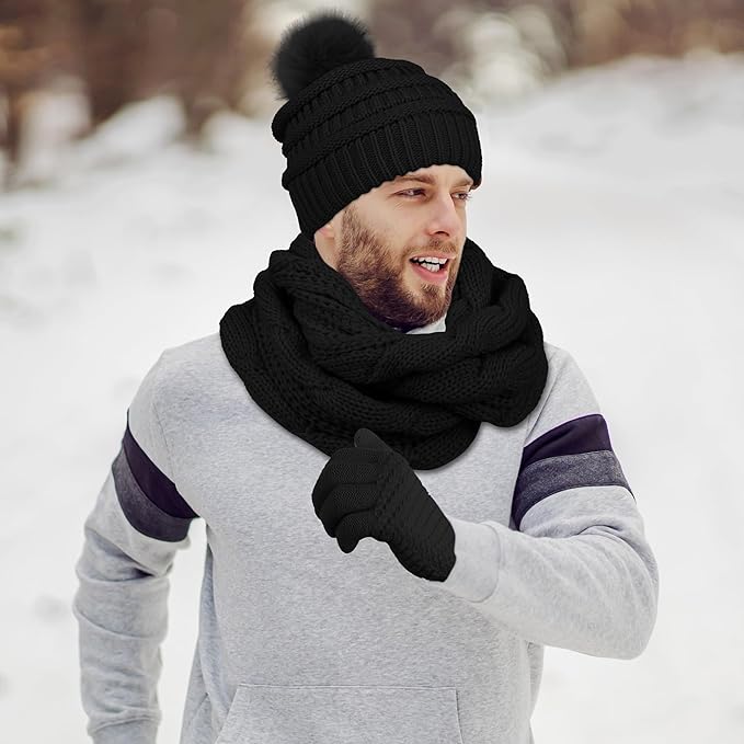 Aneco Womens Winter Warm Sets Knitted Fur Pompoms Beanie Hat Circle Loop Scarf Touch Screen Gloves Winter Favor Accessories