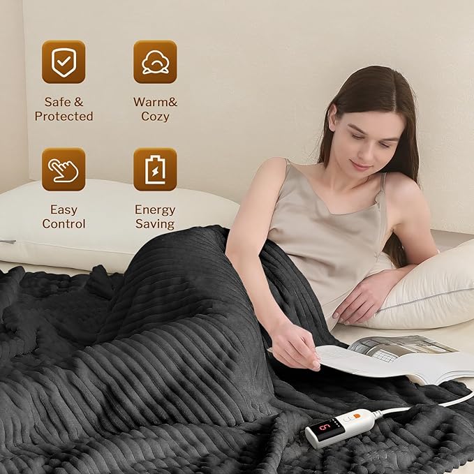 Reaks Electric Heated Blanket Full Size, Silky Soft Flannel & Sherpa Heating Blanket with 9 Heat Levels & 2-10 Hours Auto Off, Warm Gifts for Women Mom Grandma, ETL Certified (72x84 inches, Grey)