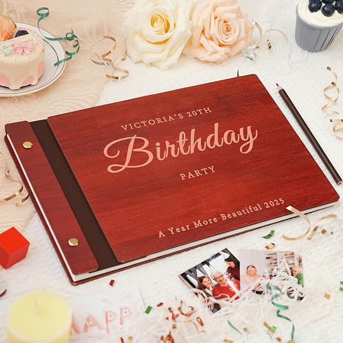 Personalized Wooden Photo Album, Retro Photo Scrapbook Album, Custom Birthday Guest Book, DIY Birthday Journal Baby Memory Family Grandson Unique Keepsakes Gift