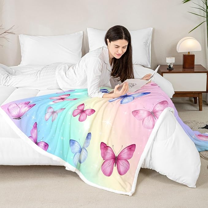 Feelyou Girls Butterfly Fleece Throw Blanket Twin 60"x80" Kids Rainbow Sherpa Blanket Plush Fuzzy for Bed Couch Chair Living Room, Beautiful Butterflies Bed Blanket Room Decor