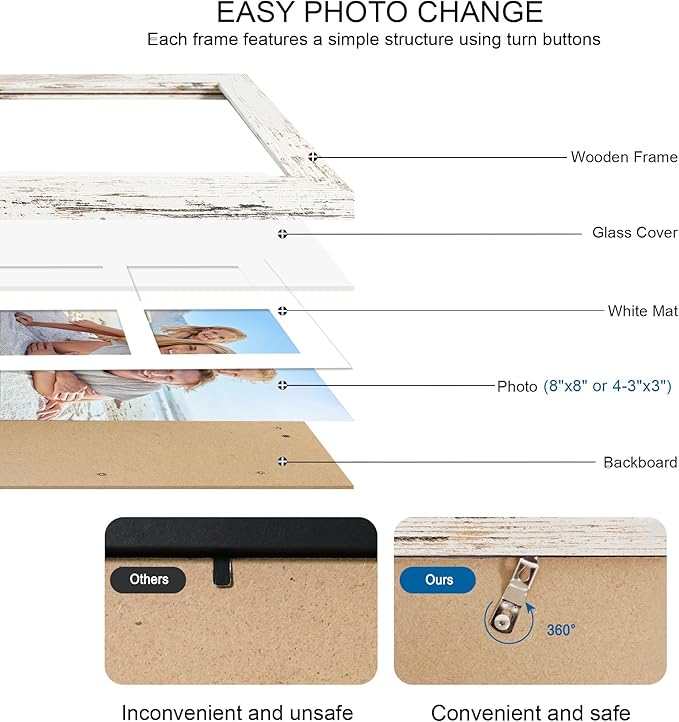 8x8 Picture Frame Set of 2, with Glass and Distressed White Wood Frames, Display Collage Four Opening 3x3 With Mat or 8 x 8 Without Mat for Wall Hanging or Tabletop