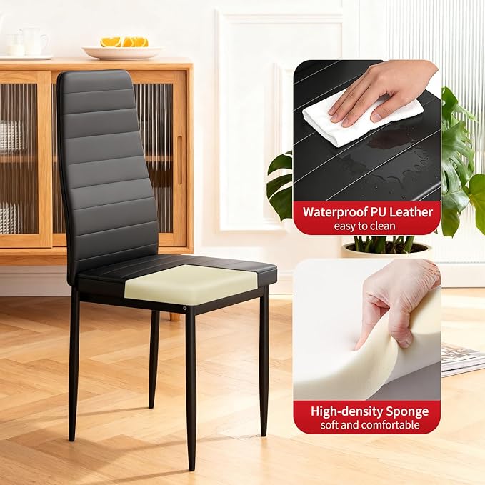 FDW | Dining Chairs Set of 4 | Black | Kitchen Chairs 4 Upholstered Chairs and Faux Leather Cushions | Space-Saving and Modern Design | for Dining Room, Easy to Assemble
