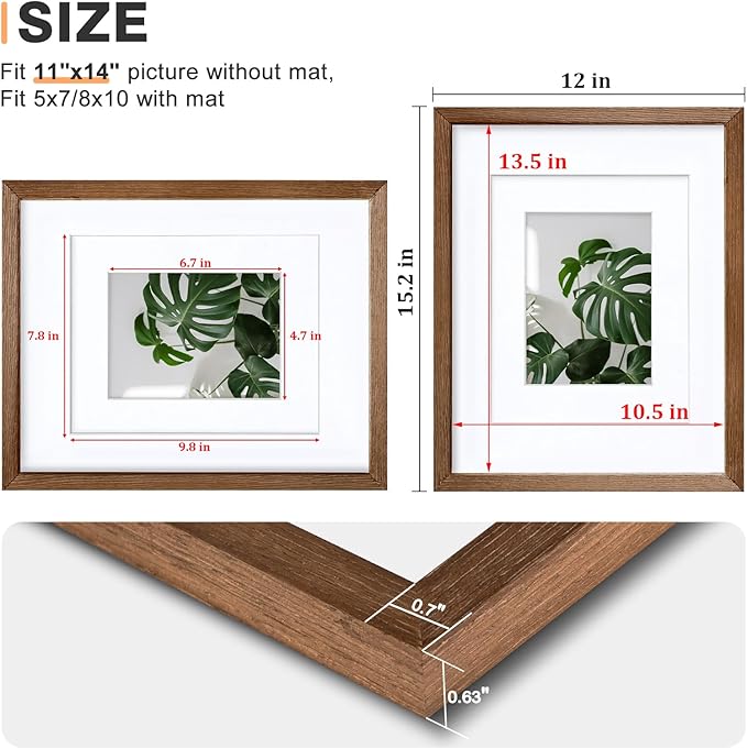 Egofine 11x14 Picture Frames Set of 4, Made of Solid Wood Covered by Plexiglass 5x7 and 8x10 with Mat or 11x14 without Mat, for Table Top Display and Wall Mounting Photo Frame,Walnut Brown
