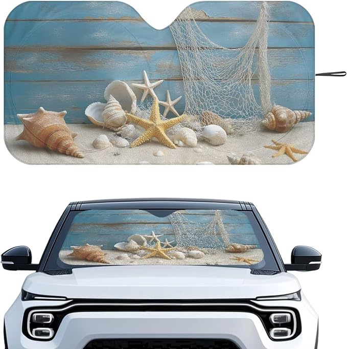 Coastal Starfish Shell Windshield Sun Shade Foldable Universal Car Front Windshield Shade Sun Protector Reflector Sunshade Offers Ultimate Protection for Car Interior for Most Cars SUV