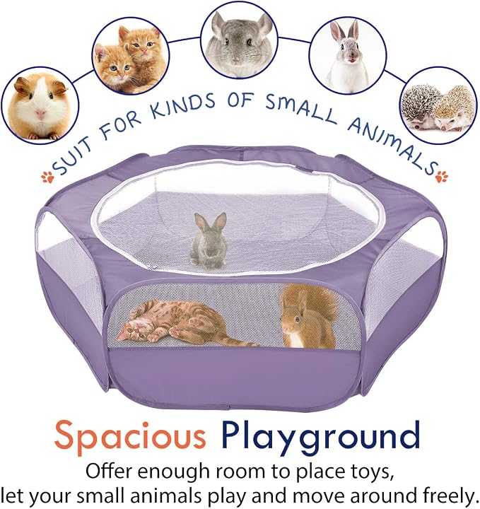 Pawaboo Small Animal Playpen with Zippered Cover, Purple | Portable pop-up pet tent for supervised rabbits, guinea pigs, chicks and kittens; water-resistant bottom and 3 metal rods