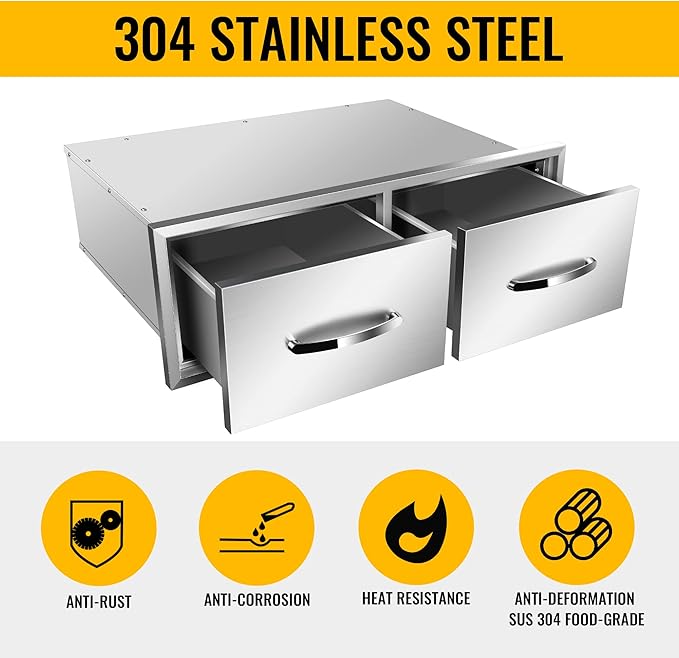 Outdoor Kitchen Drawers Stainless Steel 30W X 10H X 20D Inch, Flush Mount Double BBQ Island Drawers with Handle for Outdoor Kitchens, Patio or Grill Station