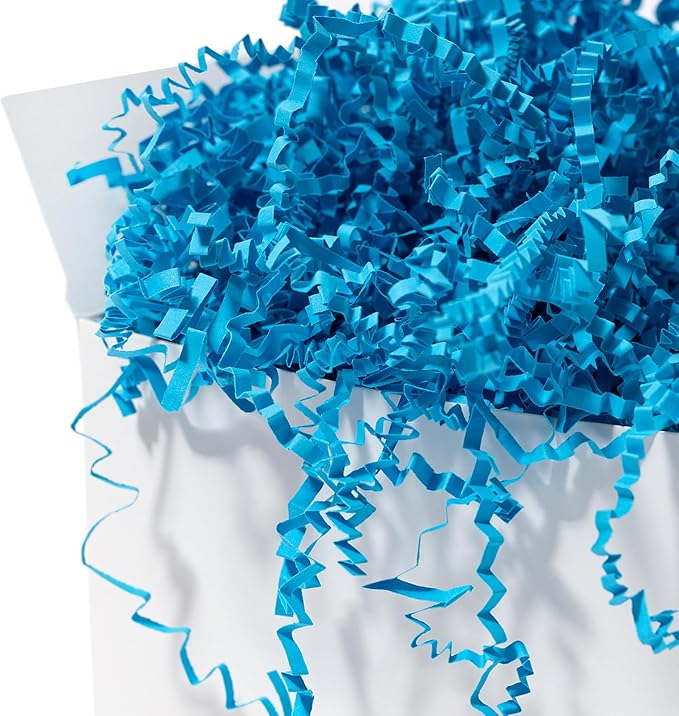 Mefleet 1/2 LB Crinkle Cut Paper Shred Filler 8 oz Blue Crinkle Shredded Paper for Gift Box - Gift Basket Bag Filler - Grass Cushion Stuffing for Easter, Mother's day, Holiday Packaging Wrapping