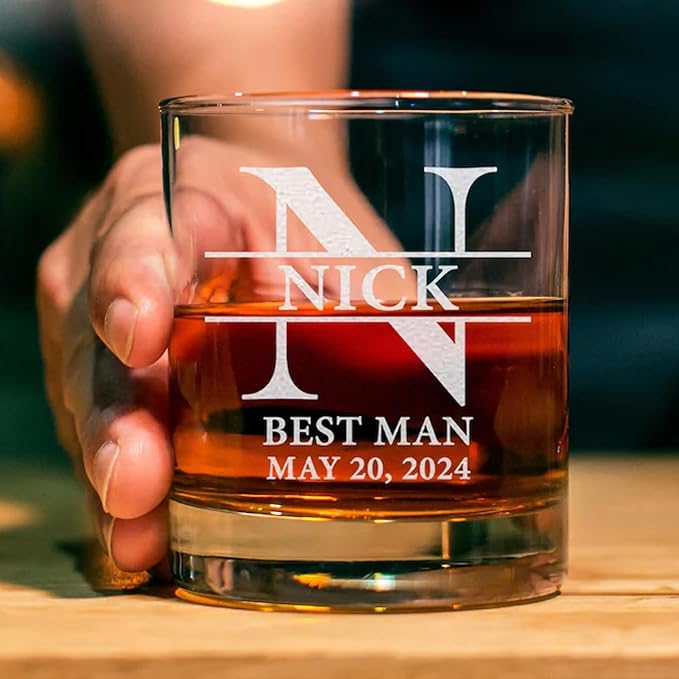 Personalized Groomsmen Gifts, Whiskey Glass 10 oz, Best Man Gift Custom Wedding Party Barware, Old Fashion Cup for Brandy Whiskey Beer for Men, Rocks Glasses for Dad, Husband (Style A)
