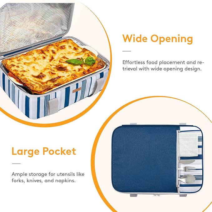 LUNCIA Insulated Single Decker Casserole Carrier, Lasagna Lugger Tote Keeps Food Hot or Cold, Thermal Lunch Bag for Potluck Parties, Picnic and Cookouts, Fits 9" x 13" Baking Dish, Blue