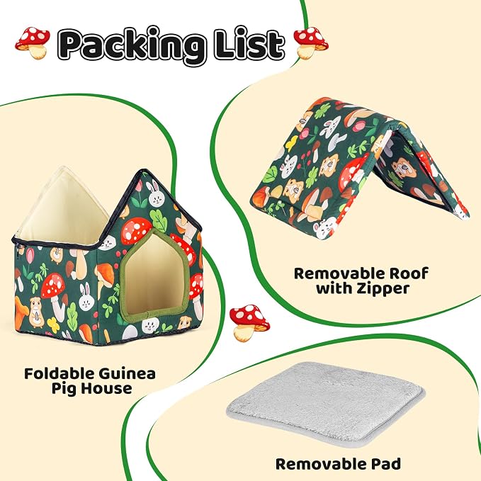 Guinea Pig Hideout, Foldable Guinea Pig House with Non-Slip Bottom & Removable Pad, Soft & Washable Bunny Bed for Hamsters Dwarf Rabbits Ferret Hedgehogs and Other Small Animals