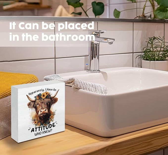 Highland Cow Sign, Farm Cottagecore Animal Office Kitchen Bedroom Decor, Apparently I Have an Attitude Who Knew Wooden Box Signs, Apparently Highland Cow Gifts for Women Men 5x5 in