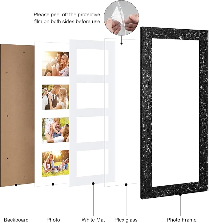8x20 Picture Frame Display 4 opening 4X6 Picture Frame Collage,Multi Photo Frame with Mat,Plexiglass,Wall or Tabletop Decor,Black Wood Grain