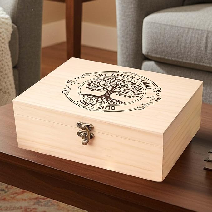 Personalized Walnut/Pine Wooden Keepsake Box 8 * 10 * 3.4 in, Custom Engraved Family Memory Wooden Box, Large Walnut with Initials Story Storage Boxes, Personalized Name Decorative Boxes