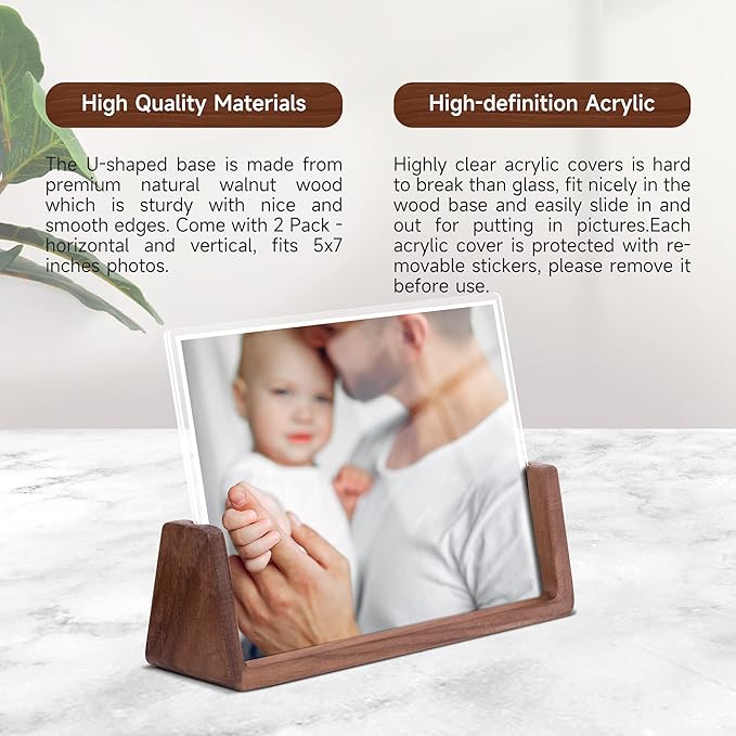 5x7 picture frames, Solid Rustic Wooden Photo Frames with Walnut Wood Base and High Definition Acrylic Glass Covers - for Tabletop or Desktop Display (5x7 inch, Horizontal)