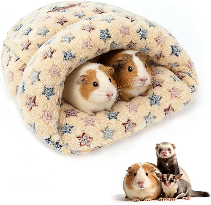 YUEPET Guinea Pig Bed, Warm Fleece Slipper Cuddle Cave, Brown Star | Cozy Guinea Pig House, Portable Guinea Pig Hideout, Thick Coral Fleece, Washable Cushion, Folds Flat for Storage