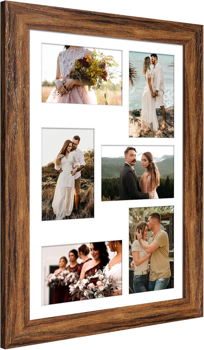 11x17 Picture Frame Display 6 picture frame collage 4x6,Multi Photo Frame with Mat,Plexiglass,Wall Mount Decor,Carbonized Brown Wood Grain