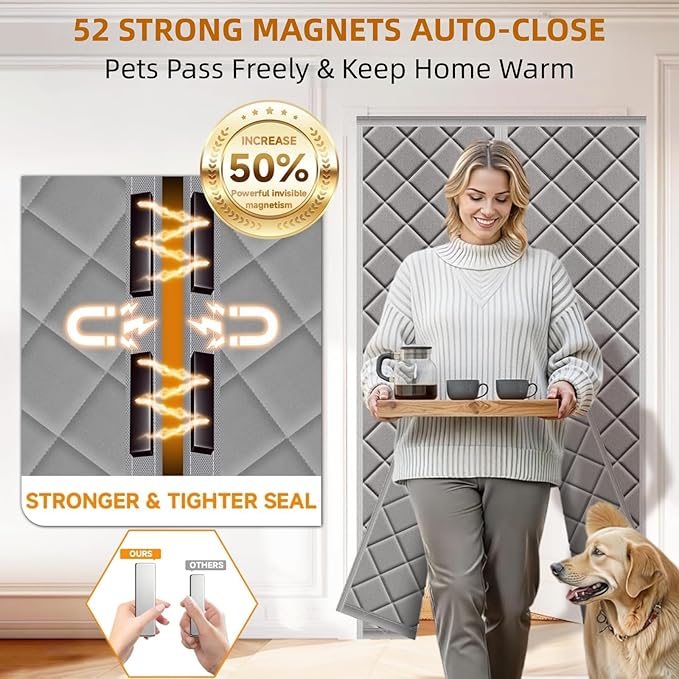 Magnetic Thermal Insulated Door Curtain 38''x82''-Fits 36''x80'' Door Opening, Cotton-Filled Weatherproof Oxford, Thermal Curtain for Winter, Keep Cold Out, Drill-Free & Easy Install, Grey