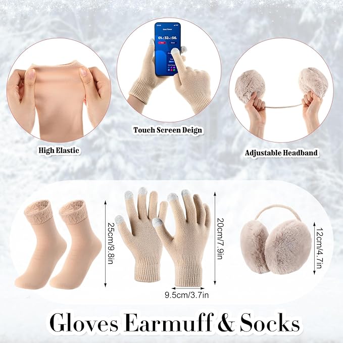 SATINIOR 5 Pcs Winter Satin Lined Hat Scarf Gloves Set Knit Pompom Beanie Warm Touchscreen Glove Earmuff Ear Warmer for Women