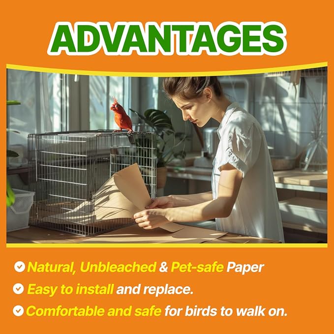 T TORTO9 Kraft Bird Cage Liners 31 x 21.5 Inch, 120 Sheets, Absorbent Paper Tray Liners for Large Bird Cages, Pre-Cut Disposable Cage Bottom Liners