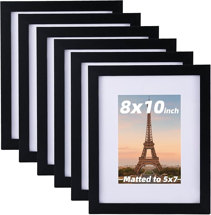 6 Pcs 8x10 Black Picture Frame - Display Pictures 5x7 with Mat or 8 x 10 without Mat - Black Wood Picture Frames for Wall Mounting - Wooden Photo Frame for 8 10 Matted to 5x7 Print Set of 6
