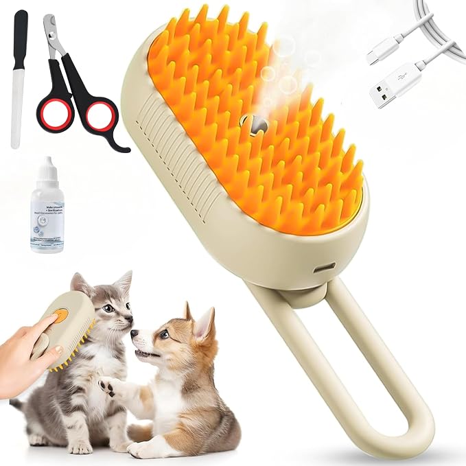 Rabbit Ferret Steam Brush 5 In1 Grooming Kit for Cats Dogs Silicone Massage Tool Stainless Steel Nail Scissors Hair Detangling Comb - Water Spray Rechargeable Shedding Wash-Free Essence (Khaki)
