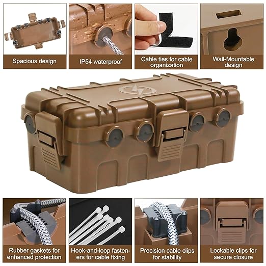 [2 Pack] Outdoor Electrical Box Waterproof, OUTDSPLY Medium Outdoor Electrical Box (11.6x5.2x4.1 inch) w/ 6 Cable Entry, Weatherproof Connection Box for Power Strip, Plug, Timer, Holiday Lights, Brown