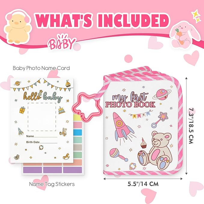 Lanpn Baby Photo Album Holds 17 4x6 Pictures, My First Soft Cloth Family Photo Book with Name Card & Name Tag Sticker, Fabric Kid Memory Keepsake Gift for Baby Shower Newborn Toddler Girl (Bear)