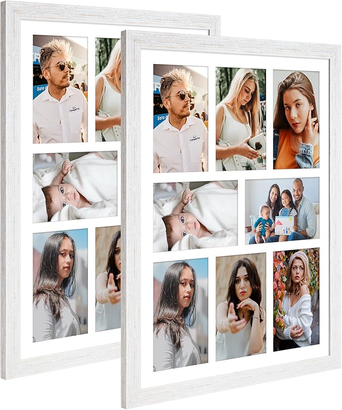 13x17 Collage frame with 8 Openings 4X6 Pictures, Multiple Picture Frame with Mat, Wall or Tabletop Decor, White Wood Grain,2 Pack