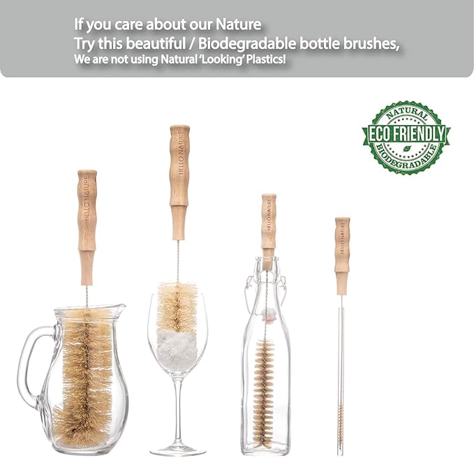 4Pcs Long Handle Bottle Cleaning Brush Set by HELLO NATURE, Sustainable & Biodegradable Natural Fibre Bamboo Handle Brushes Zero-Waste & Plastic Free