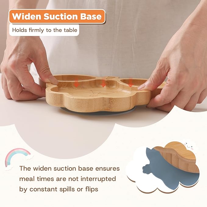 Bamboo Suction Plates Bowls Set for Baby Toddler - Includes Bamboo Bowl, Divided Plate, Silicone Fork & Spoon, All-Natural Baby Feeding Set for Baby-Led Weaning