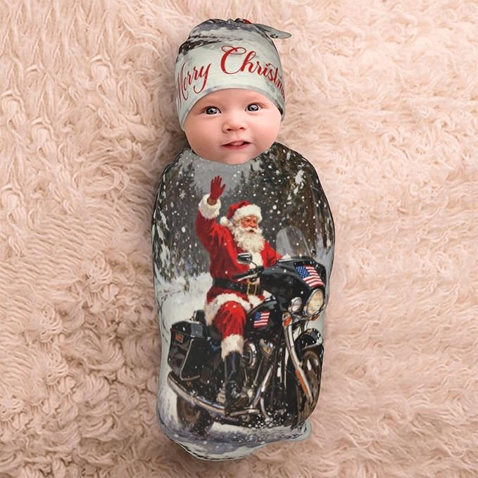 Christmas Baby Swaddle Blanket and Hat Set for Newborn Boys Girls Soft Infant Wrap Sleep 0-6 Months Red Santa Claus