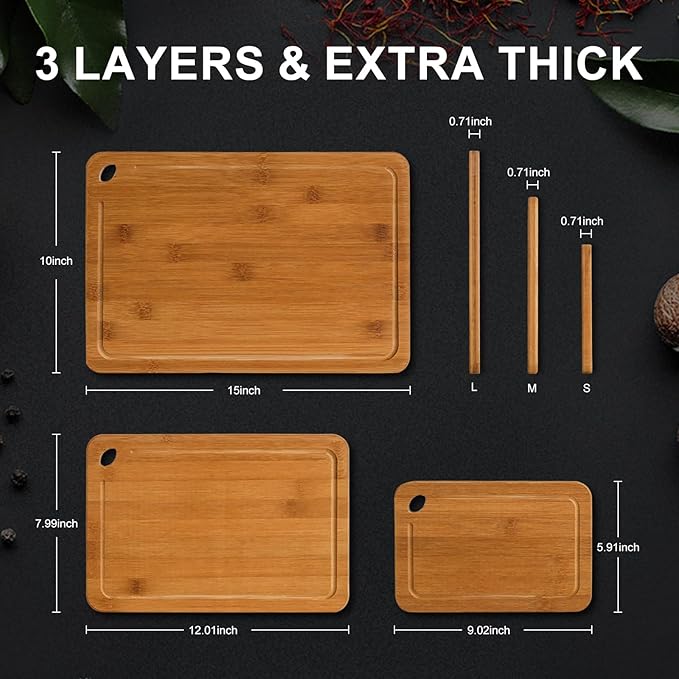 Bamboo Cutting Board Set of 3 for Kitchen, Chopping Boards with Juice Groove & Built-in Handles, Perfect for Meat, Vegetables, Fruits, Kitchen Gift for Home Cooks & Chef, Dark Brown