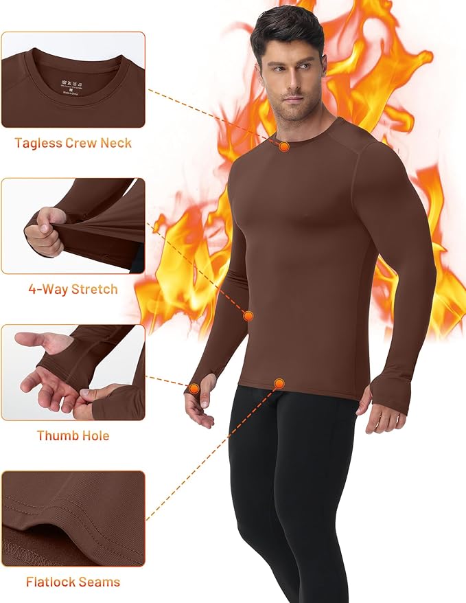 Moozava Mens Thermal Long Sleeve Shirt Fleece Lined Compression Base Layer Top Cold Weather Gear Hunting Athletic Undershirt