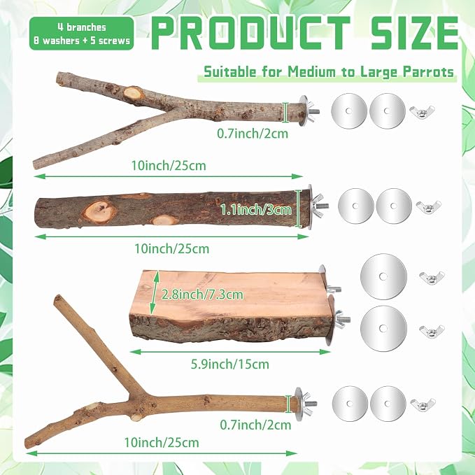 4 Pack Large Natural Wood Bird Perch Stand with Platform for Cage