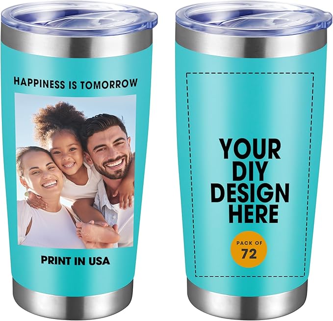 Personalized Custom Tumbler Print in USA 72 Pcs 20oz Stainless Steel Coffee Cup with Lid & Straw Double Wall Insulated Tumbler with Colorful Text Logo Photo