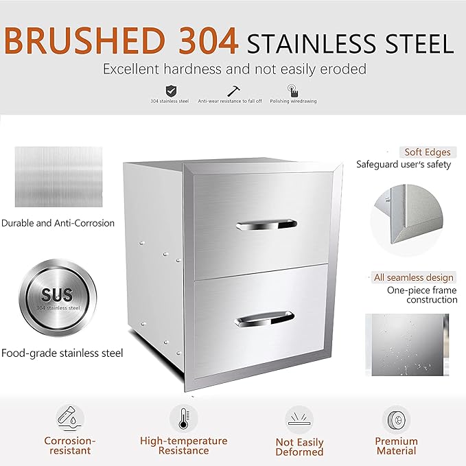 Outdoor Kitchen Drawers Stainless Steel 14W X 15H X 23D Inch, Flush Mount Double BBQ Island Drawers with Handle for Outdoor Kitchens, Patio or Grill Station