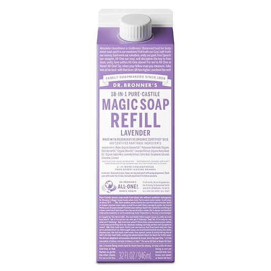Dr. Bronner's Pure-Castile Liquid Magic Soap Refill - Made with Regenerative Organic Certified Oils, 86% Less Plastic per Quart - 18-in-1 Uses for Face, Body Wash, Hand Soap Refill- Lavender, 32oz
