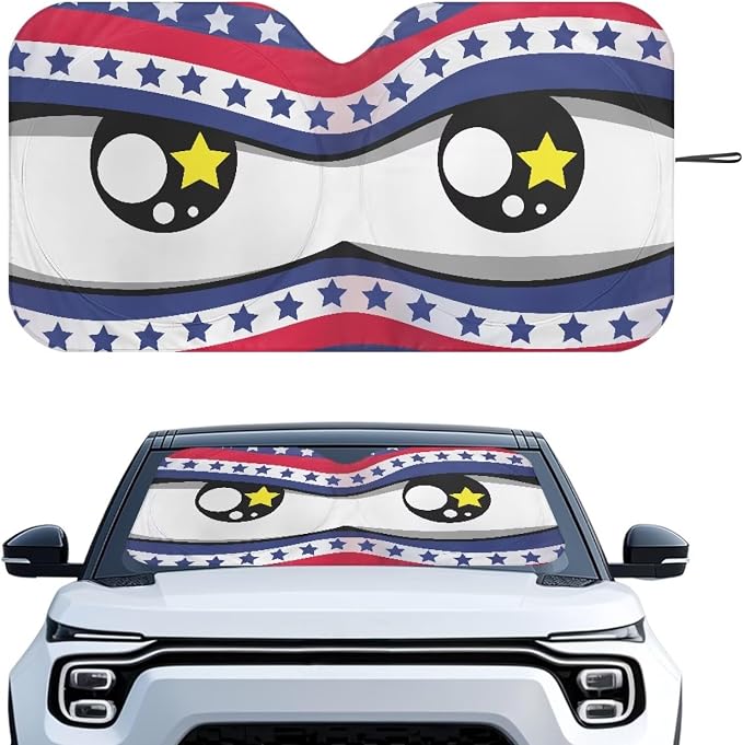 Cute Big Eyes Car Front Windshield American Flag Sun Shade Block UV Rays Sun Shade for UV Protection Foldable Front Window Cover Sun Visor Protector Accessories for Cars Truck SUV