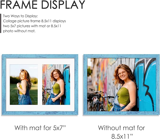 8.5x11 Double 5x7 Picture Frame Double Picture Frame Displays Two 5x7 inch Photos Available Horizontal Wall Mounting Display and Vertical Blue