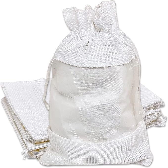 48-Pack Medium Linen Burlap & Organza Gift Bags w. Drawstrings (5x7 in, White) - Party Favors, Presents, Samples & Treats Mesh Pouch by The Display Guys