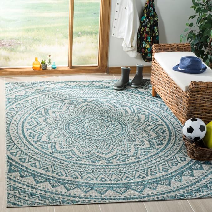SAFAVIEH Courtyard Collection 80.4" x 115.2" Grey / Teal CY8734 Indoor-Outdoor Waterproof Easy-Cleaning Patio Backyard Mudroom Area-Rug