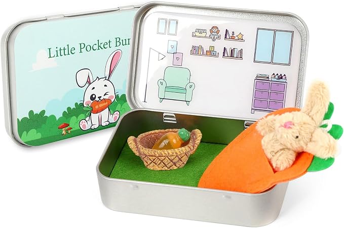 Little Pocket Bunny DIY Pet Adoption Easter Basket Travel Buddy | Little Pocket Bunny collectible in tin box, desk decor gift for office, coworker, Easter gift and animal lovers