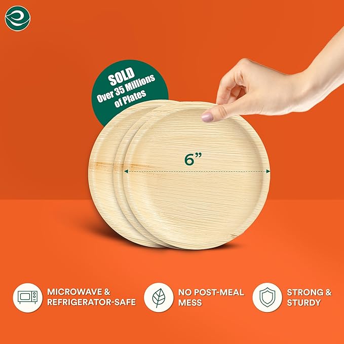ECO SOUL 400 Count Round Palm Leaf Plates of 6 Inch - Disposable, Eco-Friendly, Biodegradable Bamboo Plates - Perfect for Parties, Catering, Weddings & Large Events