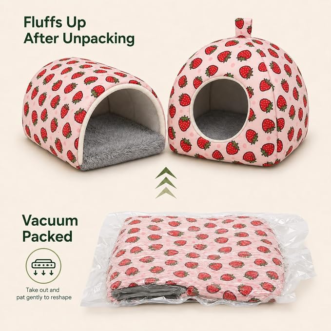 Hamster Hideout Tunnel Set, 2 Pack Washable Small Animal Bed with Removable Cushion, Cozy Play Tunnel Cage Accessories for Hamsters, Hedgehogs, Mice, Rats, Gerbils, Pink Strawberry