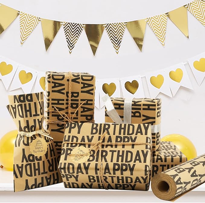 MAMUNU Birthday Wrapping Paper Roll, Black Kraft Happy Birthday Wrapping Paper Jumbo Roll, Brown and Black Kraft Gift Wrap Set for Boys Men Women Girls, 17x590 inch (70 sq. ft.)