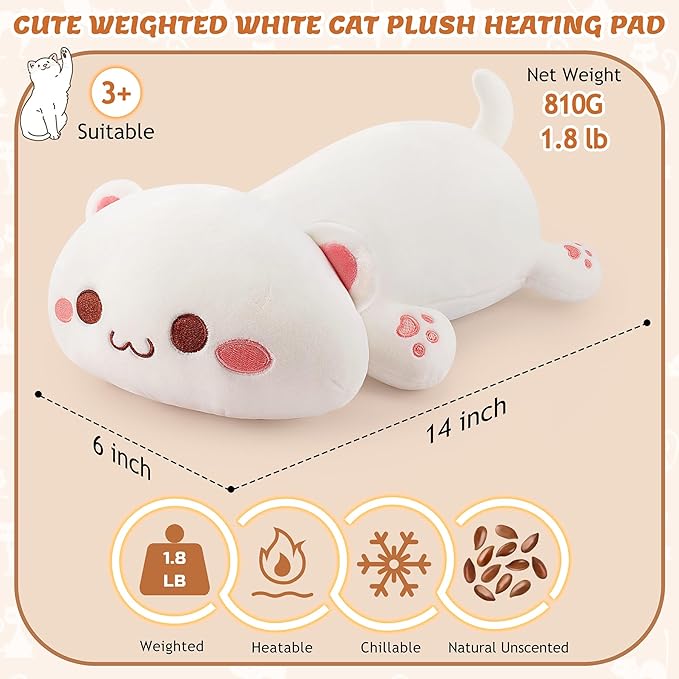 1.8lb White Cat Stuffed Animals Plush Microwavable Heating Pad-14'' White Cat Heating Pads for Cramps &Period Pain Relief, Heatable & Coolable Stuffed Animals Bedtime Birthday Gift for Women Kids