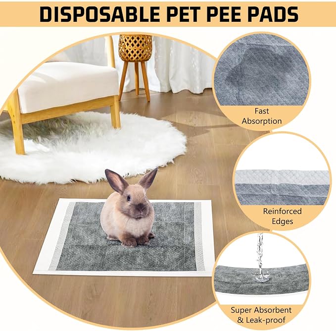 Tfwadmx 50 Pcs Rabbit Pee Pads Guinea Pig Super Absorbent Cage Liners Bunny Disposable Black Carbon Diapers Small Animal Training Accessories with Quick-Dry Surface for Chinchilla Ferret Hamster