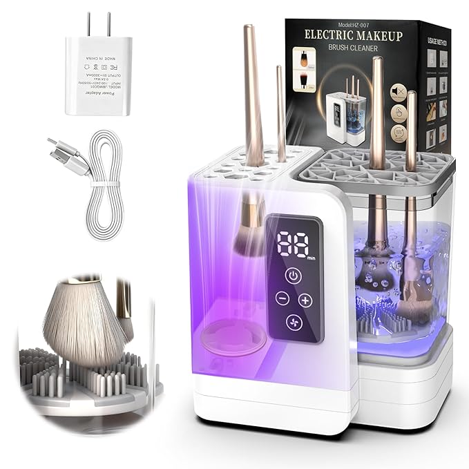 5-in-1 Electric Makeup Brush Cleaner & Dryer Machine- Portable Automatic USB Cosmetic Brushes Cleaner Tool with Deep-Clean Silicone Brush for All Size Brushes (Contour, Eyeshadow, Blush)