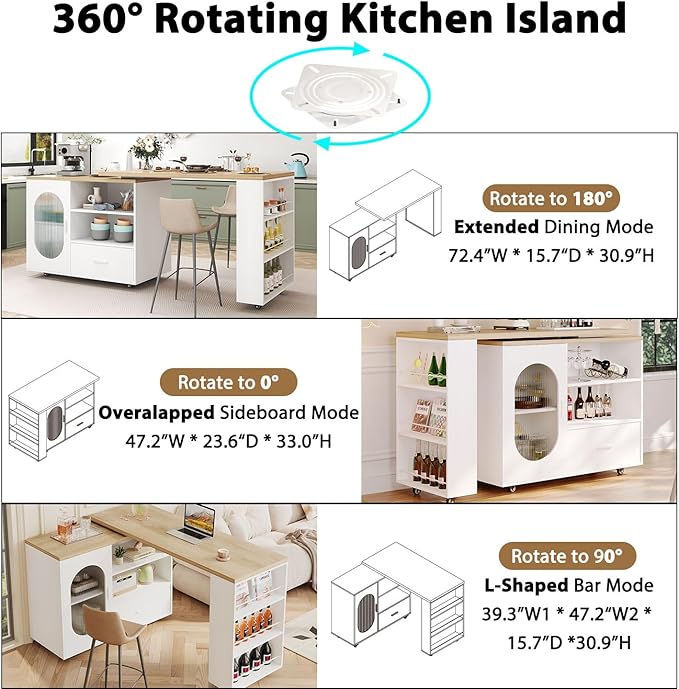 HSH 72.4” Rolling Kitchen Island with Swivel Table, Storage Cabinet, Drawers & Shelves, White Modern Mobile Island Cart on Wheels, Farmhouse Wood Island Table for Kitchen, Dining Room, Home Bar