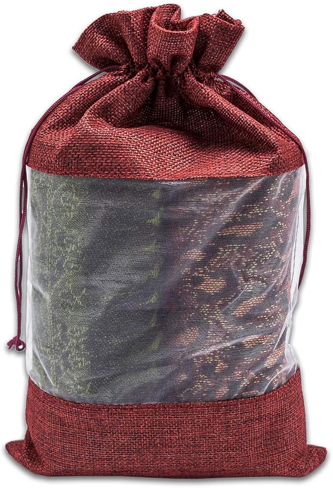 12-Pack X-Large Linen Burlap & Organza Gift Bags w. Drawstrings (7.5x11.5 in, Maroon) - Party Favors, Presents, Samples & Treats Mesh Pouch by The Display Guys